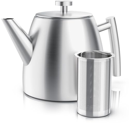 Arendo - Teekanne Edelstahl mit Siebeinsatz – 1000 ml - Teekanne thermo doppelwandig – Silber