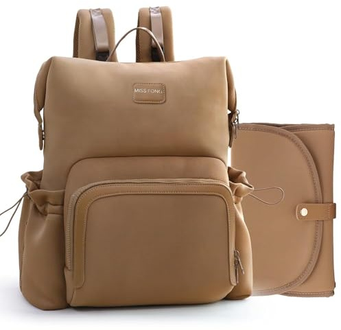 MISS FONG Baby Wickelrucksack Wickeltasche, Wickelrucksack Groß Rucksack Babytaschen Wickeltasche Organizer Neopren Lässig Wickelrucksack mit 12Taschen & Wickelunterlage MamaTasche für Papa,Braun
