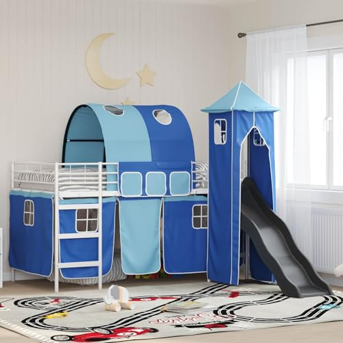 Ordellia Weiß Blau Hochbett Rahmen, 107 x 200 cm Metall, mit Rutsche Turm und Vorhängen, Kinderzimmer Möbel Set, Abenteuer Spielbett für Jungen und Mädchen, Robustes Einzelbett