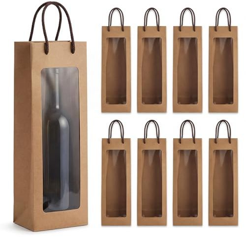 HexinYigjly 8 st vinflaskspåsar gåva, kraftpapper vin presentpåsar med handtag, återanvändbar tygväska med klart fönster för födelsedagar årsdagar shopping julfest (9,7 x 8,5 x 3,78 tum)