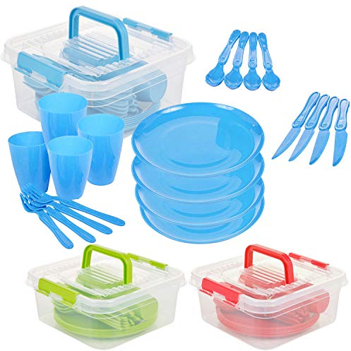 21 Piece Plastic Picnic Camping Party Dinner Plate Mug Cutlery Set Storage Box