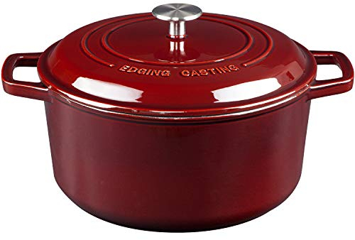 EDGING CASTING Pentola da forno olandese in ghisa smaltata con coperchio, forno olandese per pane a lievitazione naturale, pentola rotonda con doppio manico, 6 litri, rosso vino