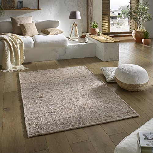 TacaHome Wollteppich Natur Handweb Teppich I Reine Schur-Wolle im Skandinavischen Design I Wohnzimmer Schlafzimmer Esszimmer Kinderzimer Büro | 70 x 240 cm Sand
