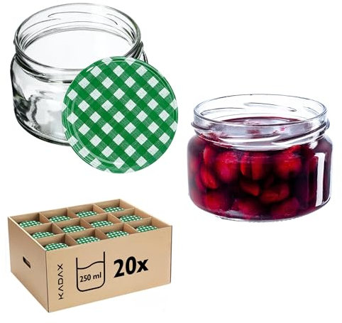 KADAX Set di 20 barattoli per marmellata da 250 ml con tappo a vite, Ø 82 mm, a quadretti verdi, ermetici, lavabili in lavastoviglie, ideali per marmellate, chutney, verdure in salamoia, carne, torte
