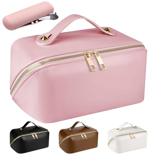 Neceser Maquillaje,Grande Neceser Viaje Mujer de PU Neceser Cuero,Makeup Bag,XXL Organizador Bolsa de Aseo para Maquillaje Necessaire Viajes Accesorios de Mujer(Liso-Rosa)