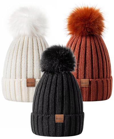 MSDC Bonnet Femme avec Pompon 3 Pièces Bonnet Femme Hiver Tendance Tricoté Chaud Bonnet Tête de Mort Bonnet Femme pour Temps Froid, Noir+blanc+orange foncé, taille unique