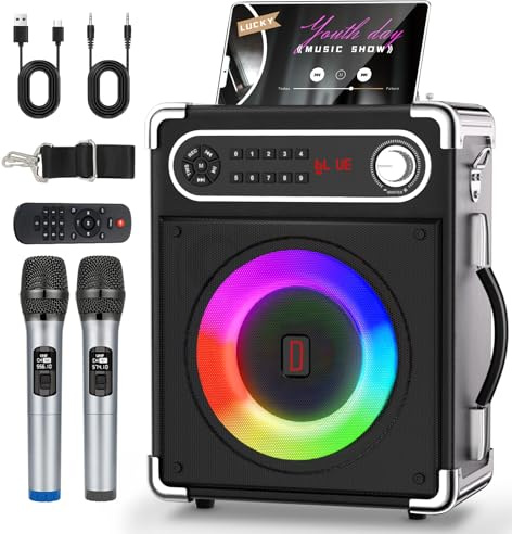 Máquina de karaoke con 2 micrófonos inalámbricos, altavoz portátil Bluetooth 5.1 para adultos y niños, ajuste de graves/agudos, sistema PA con control remoto, luces, soporta tarjeta TF/USB, entrada