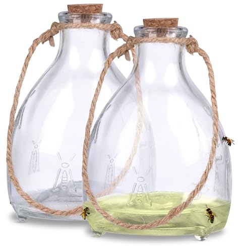 2 Stück Oramics Wespenfalle aus Glas zum Aufhängen und Stellen – Lebendfalle für Wespen und Hornissen mit Seil und Korken – Wespenfänger für draußen – Wespenabwehr für Balkon, Garten und Terrasse