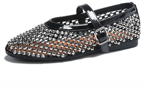 CRETUAO Ballerines découpées pour Femmes, Sandales décontractées et Confortables à Bout Rond avec Boucle Mary Jane, Chaussures Plates Sexy en Mailles Strass,Noir,38.5 EU