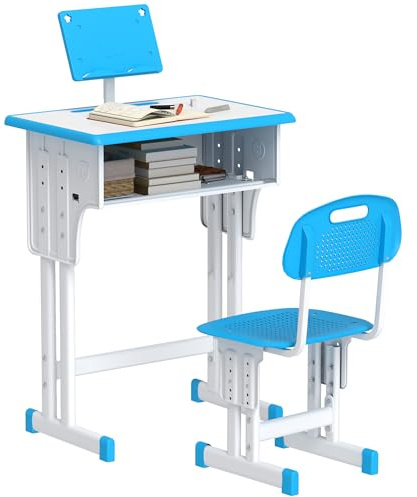 HOMCOM Kids Desk and Chair Set Adjustable Height Study Table Set w/Drawer, Book Stand, Pen Slot - Blue