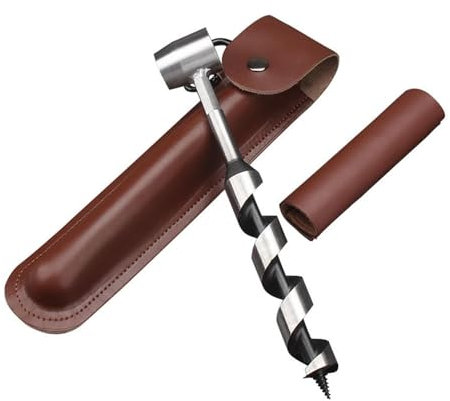 Survival Auger – Taladro manual para madera de supervivencia | Taladro manual con funda de piel, juego de brocas de madera para acampar al aire libre, 26 x 2,5 cm