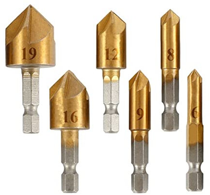 6-tlg. HSS-Fasensenker-Fasenbohrer-Satz 1/4“;90-Grad-Holzfasenschneider mit Sechskantschaft, 6 mm bis 19 mm