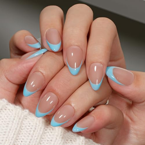 KQueenest French Tip False Nails with Glue, Light Blue Press on Nails Short Almond, Natural Nude Fake Nails Press ons Stiletto, Reusable Soft Gel Stick on Nail for Women, 30 Pcs
