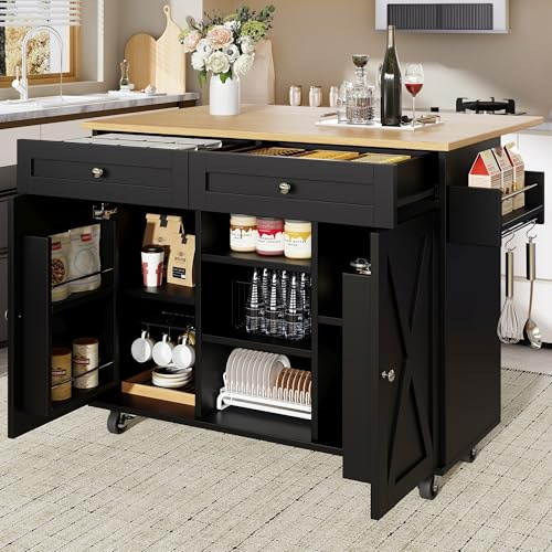 Wyibwy Mueble carro de cocina, isla de cocina sobre ruedas con encimera plegable, carrito de comedor con estantes para aperitivos y toallero, mesa de comedor con espacio de almacenamiento, negro