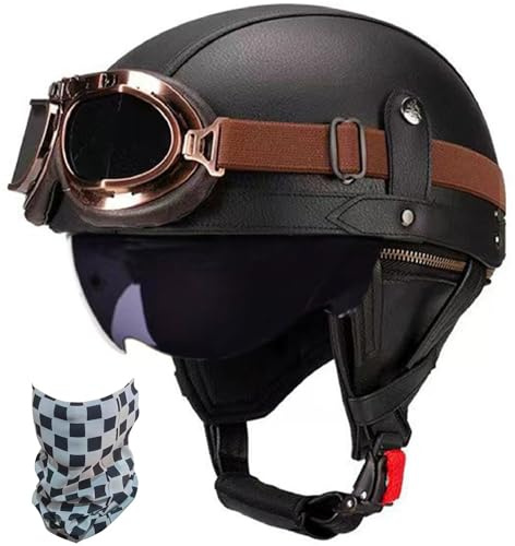 Dt. Leder-Motorrad-Halbhelm mit Brille, ECE, herausnehmbares Futter | Vintage-Design Jethelm. Geeignet für Chopper, Scooter, Cruiser. Schutzbrille inklusive. Waschbares Innenfutter