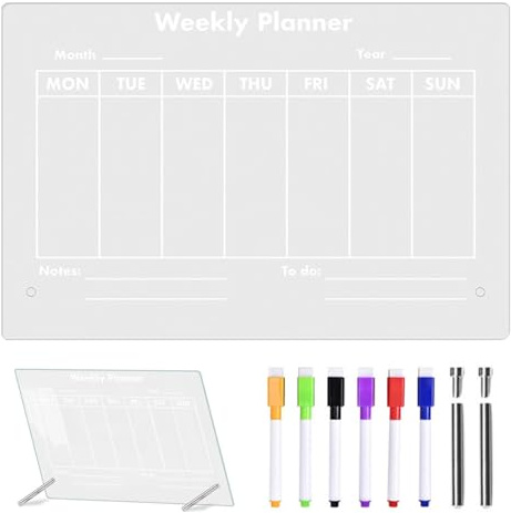 Calendario de escritorio acrílico, pizarra blanca semanal de borrado en | Pizarra de mesa con marcadores en 6 colores y pizarra calendario con lista de tareas para dormitorio, escritorio, hogar