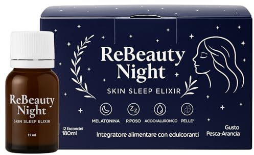 ReBeauty Night | Trattamento Anti-Età, Sonno Profondo, Antirughe | Integratore Notte per Pelle e Sonno con Acido Ialuronico, Melatonina, Vitamine C, E, B2, Biotina, Passiflora | 12 Flaconcini da 15ml