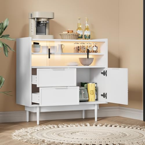 EURHCIO Buffet Cuisine Salon 80x35x80cm,Meuble Salle de Bain,Buffet Salle a Manger avec Éclairage LED Réglable,2 Tiroirs,Armoire,2 Portes Coulissantes,pour Salon(Blanc 6)