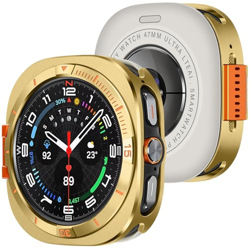 Amizee 2 i 1 metallfodral kompatibelt med Samsung Galaxy Watch Ultra (2025/2024) 47 mm med baksida, robust skyddsfodral för stötfångare bakram för Galaxy Watch 7/8 Ultra, guld/orange