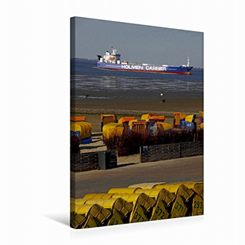 Premium Textil-Leinwand 50 x 75 cm Hoch-Format Schiff vor dem Strand in Cuxhaven-Döse | Wandbild, HD-Bild auf Keilrahmen, Fertigbild auf hochwertigem Vlies, Leinwanddruck von Martina Berg