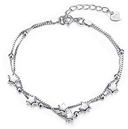 Epoch World Elegant Perlen und Sterne Double Layered Armkettchen mit 925 Sterling Silber Armband Armkette Schmuck Verstellbar Armbänder für damen