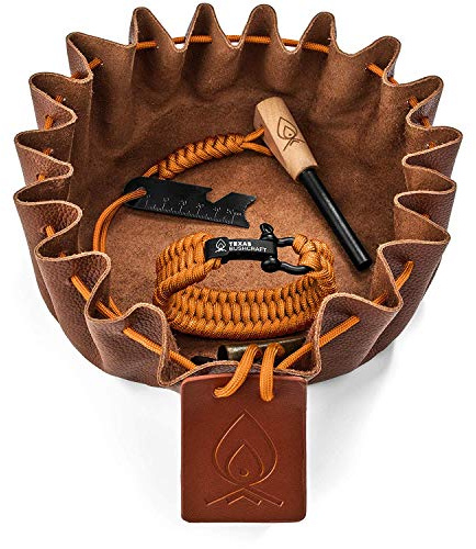 Texas Bushcraft Fire Starter Survival Kit - Ferro Rod Flint Fire Steel, Striker Tool | Cowhide Leather Tinder Bag | Emergency Paracord Bracelet Camping Gear (Burnt Orange, L)