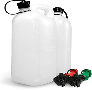 SWS Forst GmbH Kombi-Kanister - 5L + 3L - Doppel-Kanister - Kanister für Kraftstoff und Kettenöl - Transparenter Benzinkanister - mit 2 Einfüllsystemen