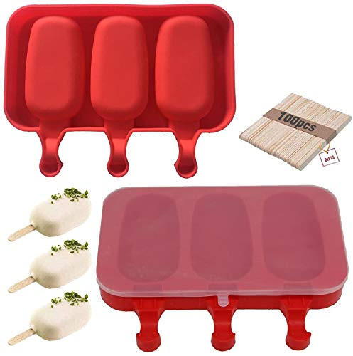 Homemade Popsicle Silicone Molds with Lid Popsicle Molds BPA-Free, Ice Pop Molds with 3 Cavities, Cake,Ice Cream and Popsicle Maker Easy Release with 100 Popsicle Sticks (Set of 2 Red)