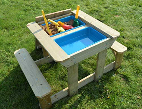 Wendi Toys T3 Kinder Spieltisch Holz | Matschtisch für drinnen und draußen | Kindertisch mit Stühle Abnehmbarer Tischplatte und 2 Kunststoff Wannen | Outdoor Spiele für Kinder