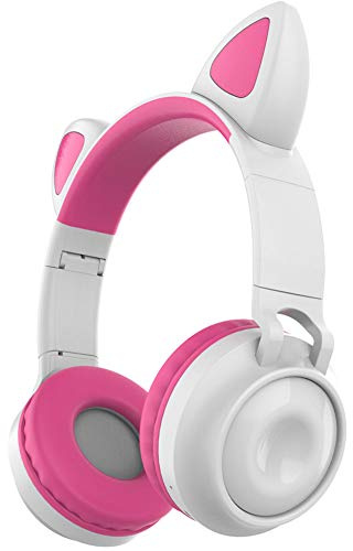 BAIAA Oreillette Bluetooth Oreille de Chat, Casque de Jeu de Filles Mignonne Montée sur la Tête Lumineuse avec Oreillettes Ajustables en Mousse à Mémoire pour PC, Portable, Mac, PS4 (Blanc)