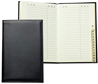 DELMON VARONE - Personalisierbares Adressbuch DIN A7 gebunden mit A-Z Register Boxcalf Premium Leder schwarz, Mini Taschen Telefonbuch im Hardcover Einband & alphabetischem Telefonregister klein