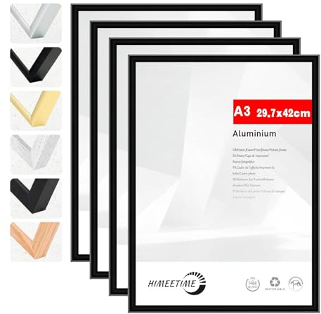 HIMEETIME® 4x Bilderrahmen A3 30x42 cm Schwarz Metall Rahmen,Dokumentenrahmen 29,7x42 cm Groß Collage,Metallrahmen Alu-Bilderrahmen