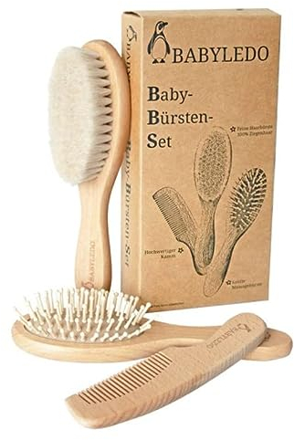 BABYLEDO Babybürsten 3er Set für Neugeborene und Kleinkinder, Haarbürste mit echtem Ziegenhaar, Massagebürste und Kamm aus Buchenholz, ideal als Geschenk, inkl. Box