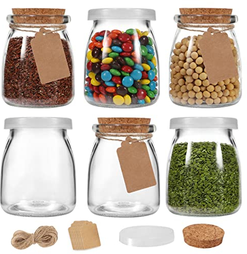 7 oz Glass Jars, 6 Pack 200 ml Yogurt Jars with PE Lids and Cork Lids, Clear Pudding Jars Glass Favor Jars Containers for Spice, Jam, honey, DIY and Art