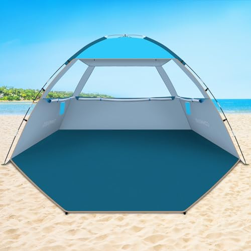 COMMOUDS Strandmuscheln für 6-8 Personen, Tragbarer Strandzelt mit UV-Schutz 50+, Familie Sonnenzelt Strand mit 3 Mesh Fenster, Schnelle Montage, Einfaches Tragen Schirm Strandmuschel für Outdoor