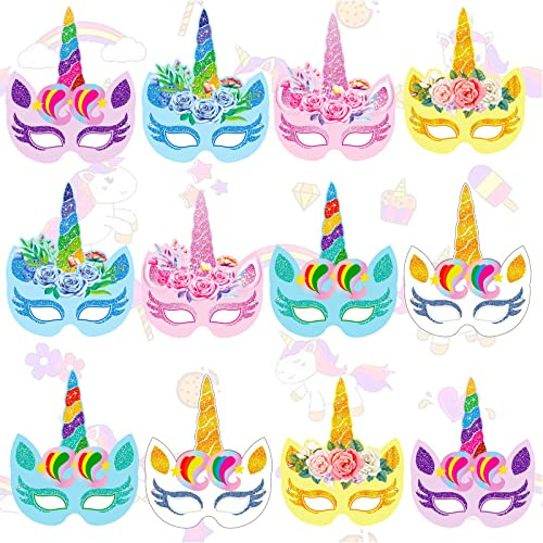 Mikqky 12 Stück Einhorn Kreativ Partymasken, E-inhorn Masken Bastelsets, Einhornmaske Set, Einhorn Motto Maske, für Heimdekoration, Cosplay, handgefertigte Graffiti(6 Stilrichtungen)