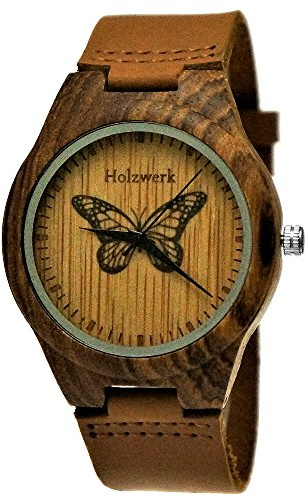 Holzwerk Germany Handgefertigte Designer Damen- und Herren-Uhr Quarz-Uhr Braun mit Schmetterling Butterfly Natur Motiv Limitiert