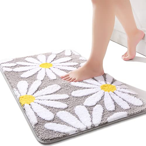 QJHOMO Grau Badezimmerteppich Niedliche Gänseblümchen Badematte rutschfest Waschbar Badteppich Weiße und Gelbe Blume Badvorleger Weiche Duschvorleger Absorbierende Badezimmer Teppich 50x80 cm