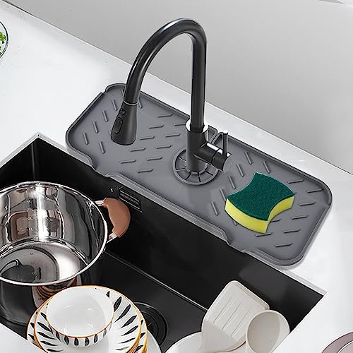 Burfocus Silicone Faucet Mat , Sink Splash Guard, Silicone Faucet Handle Drip Catcher Tray, Sponge Holder Sink Protector for Kitchen Bathroom Farmhouse & RV Sink Accessories (Grey (15.3 x 5.9))
