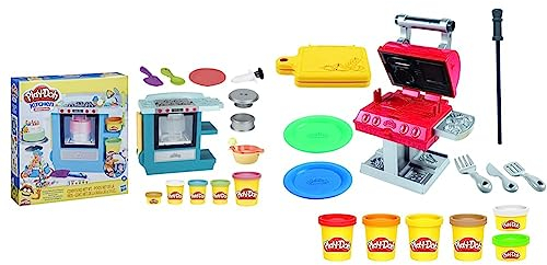 Play-Doh Kitchen Creations Backstube Spielset für Kinder ab 3 Jahren mit 5 Farben & Kitchen Creations Grillstation Spielset für Kinder ab 3 Jahren mit 6 Farben und 7 Zubehörteilen, Mehrfarbig