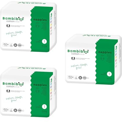 Bambiboo - COTTONWEAR Baby Windeln Großpackung 84 STÜCK - Einwegwindeln - Größe 1 Newborn (2-4kg) mit Nabelausschnitt - mit Bio-Baumwolle, Pflanzstoffen, Nässeindikator, 3D-Rüschen, Parfümfrei