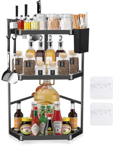 MaxEarn Eckregal Küche | 3 Etagen, 60 cm, verstellbar und extra groß | Freistehendes Edelstahl-Gewürzregal, dreieckiger Arbeitsplatten-Organizer für Gewürze, Geschirr und Badzubehör