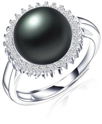 FUSHENGTER Anello Anelli Donna Regalo Uomo Rings Anello A Forma Di Sole Alla Moda Anello Regolabile Con Perla D'Acqua Dolce Naturale Per Donna Anello 925 Regalo Ridimensionabile Nero
