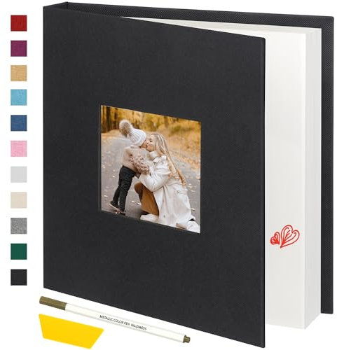 Miaikoe Photo Album Self Adhesive Scrapbook Album for 4x6 5x7 8x10 Pictures,40 Pages Linen Cover Album with Display Window DIY Book with A Metallic Pen and Scraper (Black)