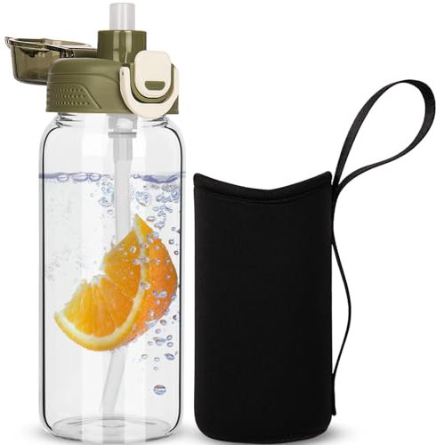 DEARRAY 0.6l Trinkflasche Glas Flasche mit Strohhalm Auslaufsicher Wasserflasche 600ml BPA frei Glasflasche mit Schutzhülle für Kinder, Schule, Männer, Frauen, Sport