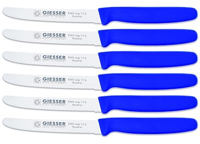Giesser Messer - Made in Germany - 6er Set Brötchenmesser Tomatenmesser Küchenmesser Allzweckmesser Universalmesser Gemüsemesser 3mm Wellenschliff Klingenlänge 11cm (Blau)