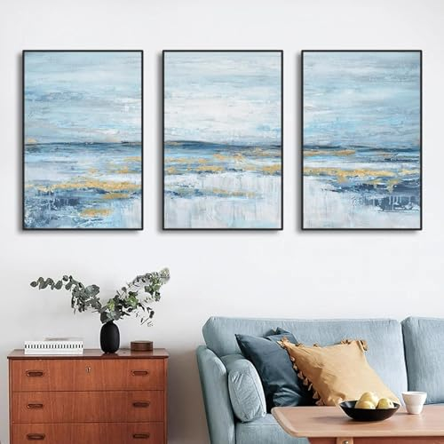 Nordisches abstraktes Ozean-Leinwandgemälde, Küstenthema, Kunstwerk, Blaugold, Sonnenuntergang und Sonnenaufgang, Wandkunst, Poster für Wohnzimmerdekoration, 30 x 45 cm (12 x 18 Zoll), 3 x rahmenlos