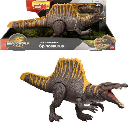 Mattel Jurassic World La Rinascita, personaggio giocattolo, action figure Spinosauro Coda Letale con 2 mosse d'attacco, snodabile e con dettagli di qualità cinematografica, gioco digitale, JGB57
