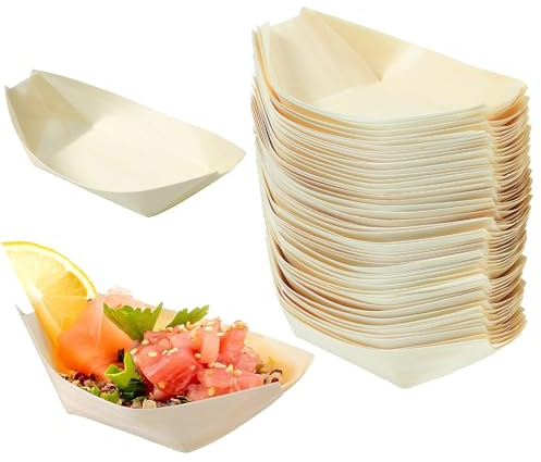 Roontin Lot de 50 assiettes jetables en bambou pour aliments, assiettes en bambou écologiques, bols pour amuse-bouches en bois, assiettes en feuille de palmier, bateaux de service en bambou