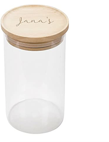 Herz & Heim® Vorratsdose aus Glas mit graviertem Holzdeckel (Wunschtext, 10 cm x 22 cm (Ø/H))